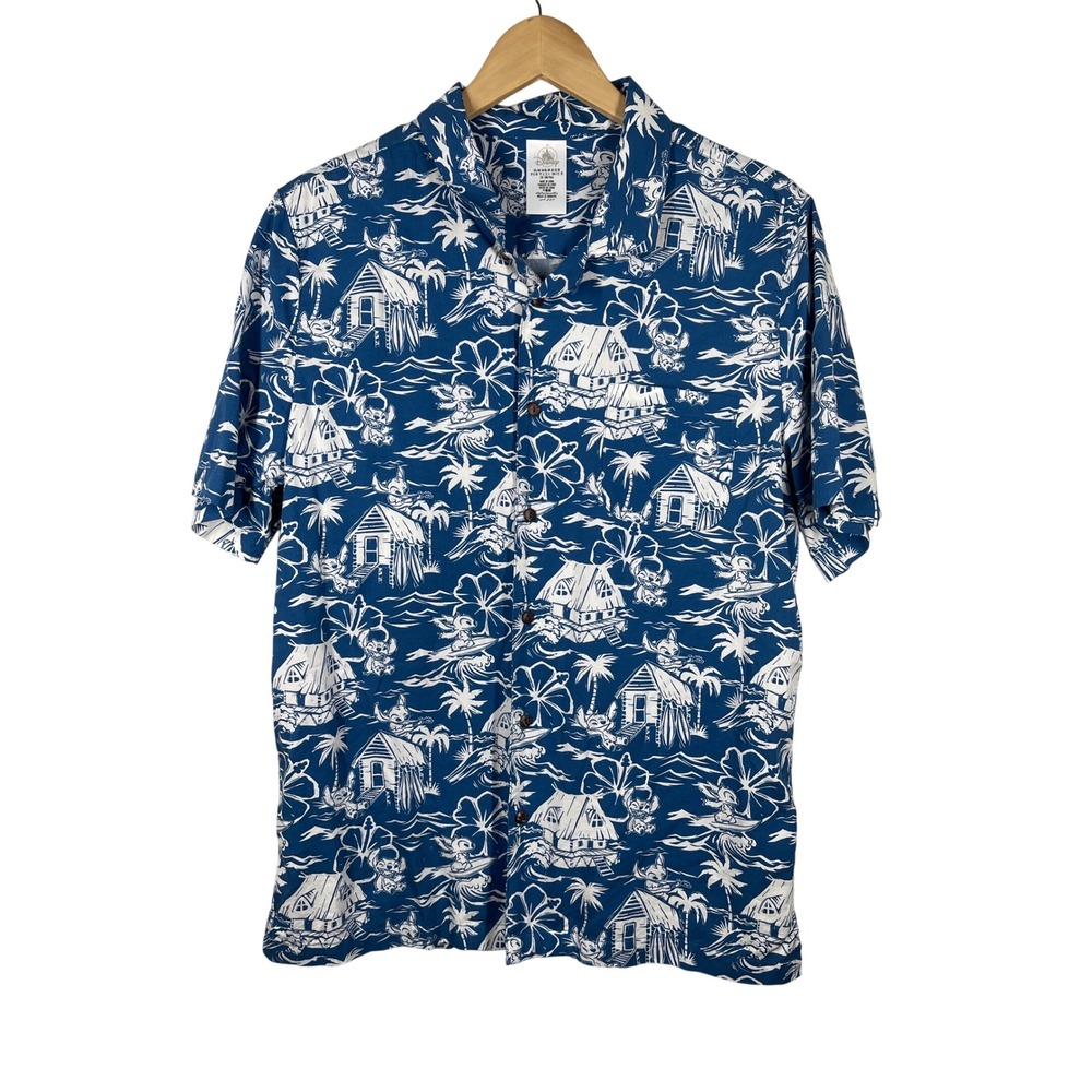 Disney Mens Stitch Hawaiian Shirt Blue White Tropical Surf Button Down Medium
